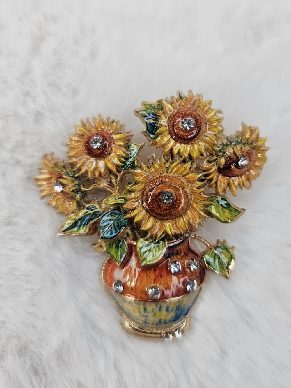 Sunflower Bouquet Rhinestone Brooch - Yellow, Green, Brown